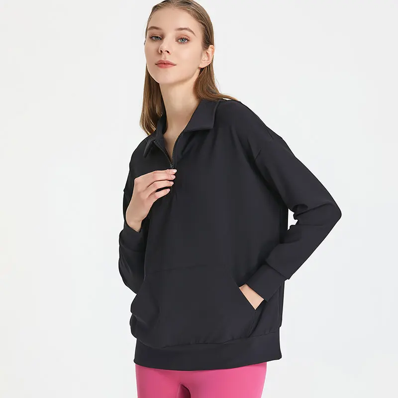 Latest Autumn Loose Women Half Zipper Equestrian Hoodies Polo Neck Sports Horse Riding Tops Big Pockets Equestrian Clothing