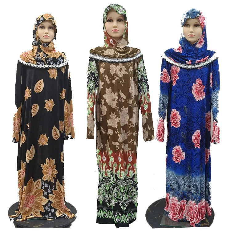 Islamic Traditional Colorful Prayer Girl Dress Flower Print Abaya With Stretch One pcs Muslm Children Prayer Aabya for Ramadan
