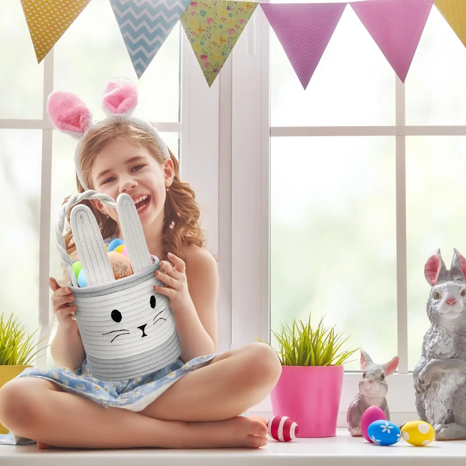 Hot-Sale Products Cute Bunny Ear Design Multi-Color Easter Gift Baskets Handwoven Cotton Rope Storage Baskets With Handles
