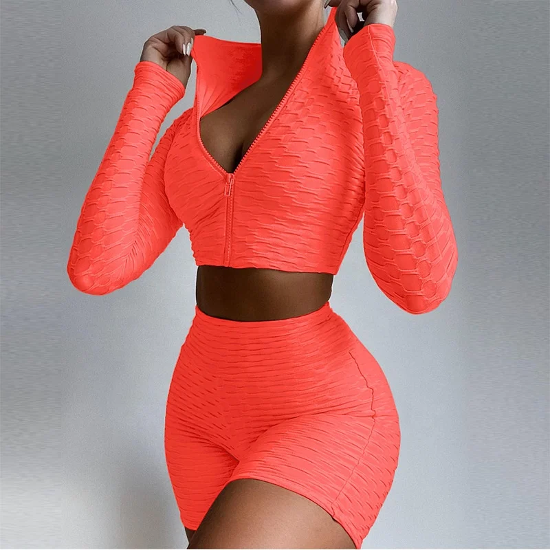 2021 Outfit Hot Sale Gym Fitness Women Sexy Full Solid Color Long-Sleeved Crop Tops And Pants Two Pieces Sets Yoga Wear