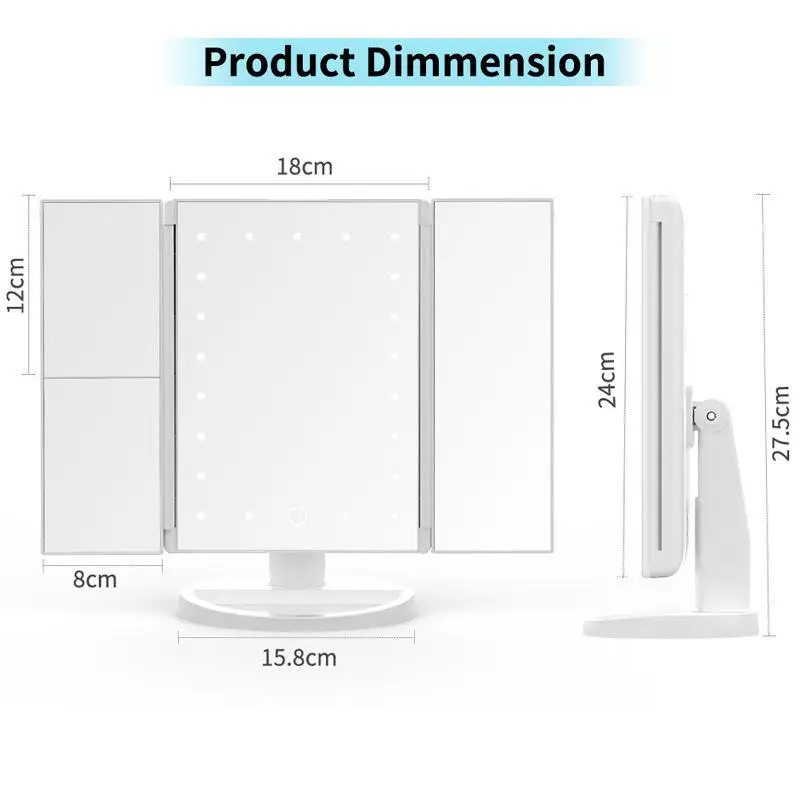 22-light three-fold mirror 2X3X enlarged LED makeup mirror comb makeup desktop three-side folding mirror with light
