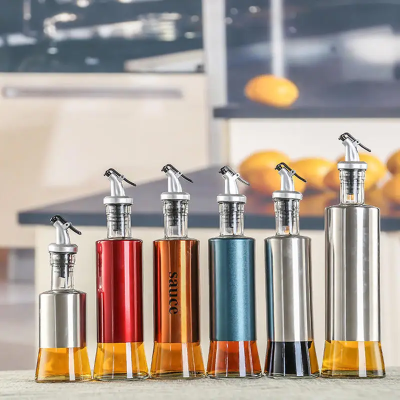 Kitchen Condiment Glass Bottle Stainless Steel Aluminium Lid Olive Oil Vinegar Sauce Glass Bottle
