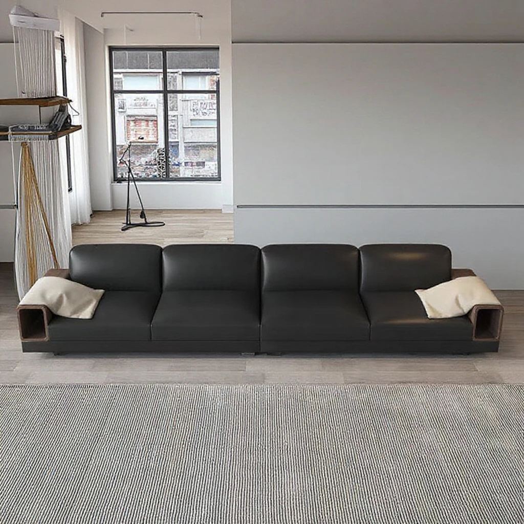 Italian Designer 4-Seater Modular Black Leather Sofa Large Sized Living Room Furniture Set for Hotels and Gyms