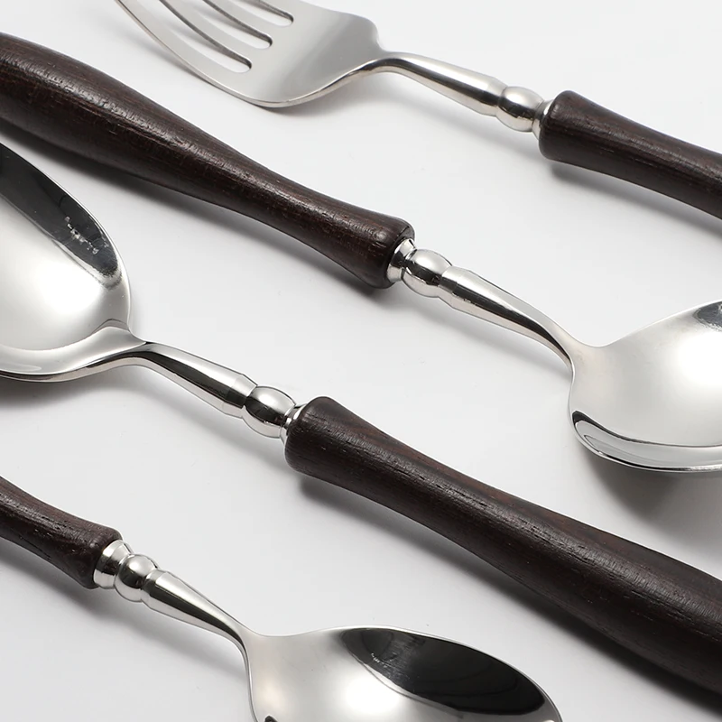 304 Stainless Steel Wooden Spoon Knife And Fork Reusable Wood Flatware Silver Cutlery Set