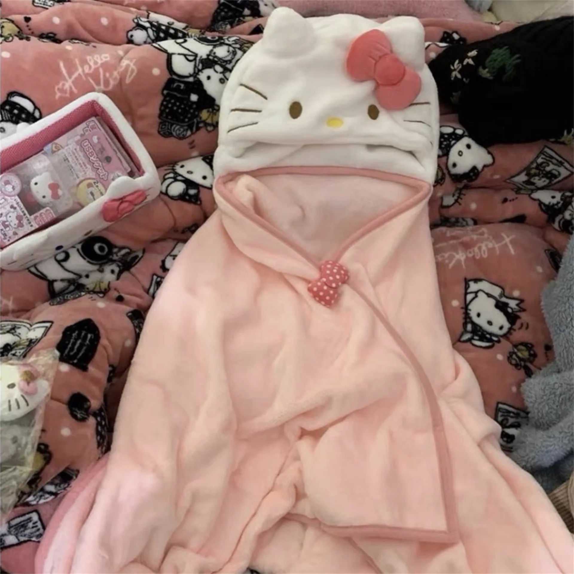 Botu kawaii kitty Air Conditioning Blanket Hooded Cute Cloak Student Dormitories Office Blanket Shawl Home Warm Cloak blanket