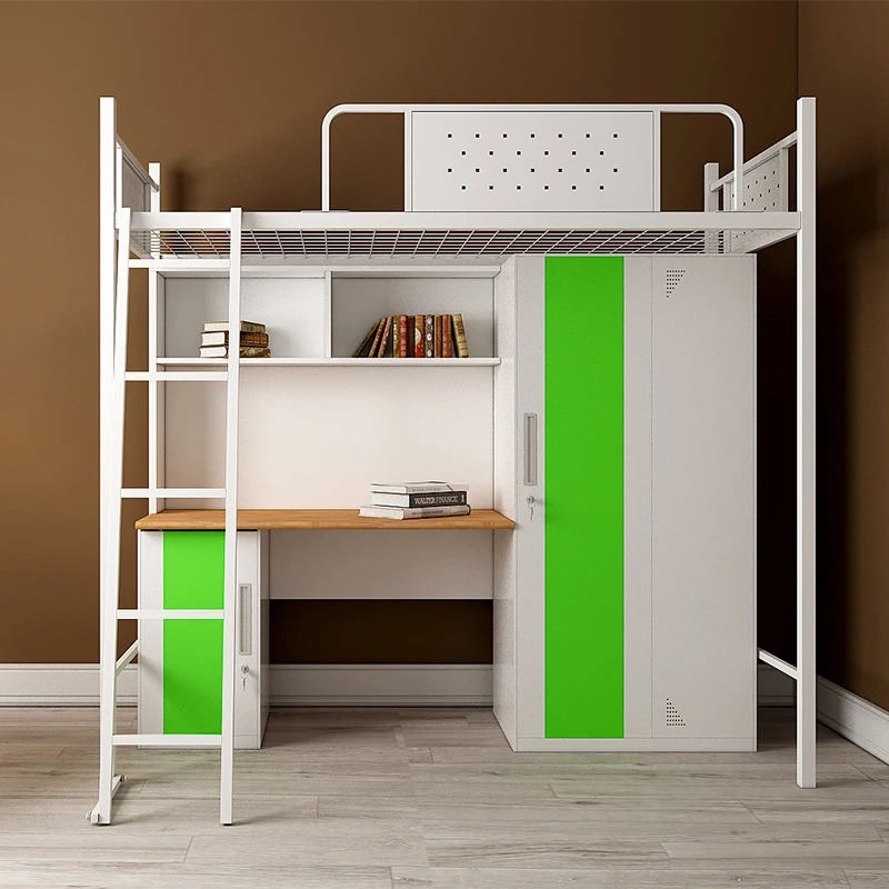 New Design Steel apartment bed dormitory loft bunk bed  with storage wardrobe and cabinet