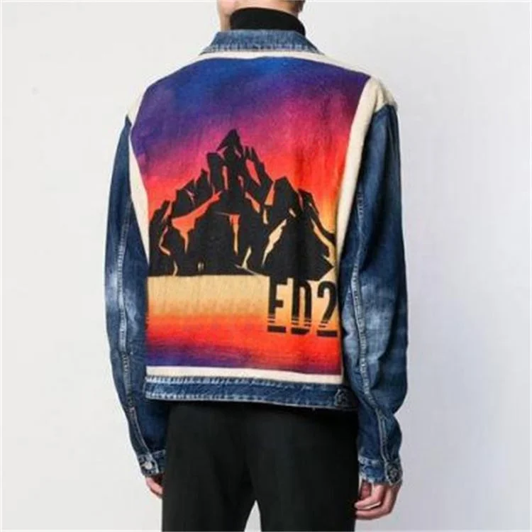 Custom printed patchwork berber fleece demin jacket for men