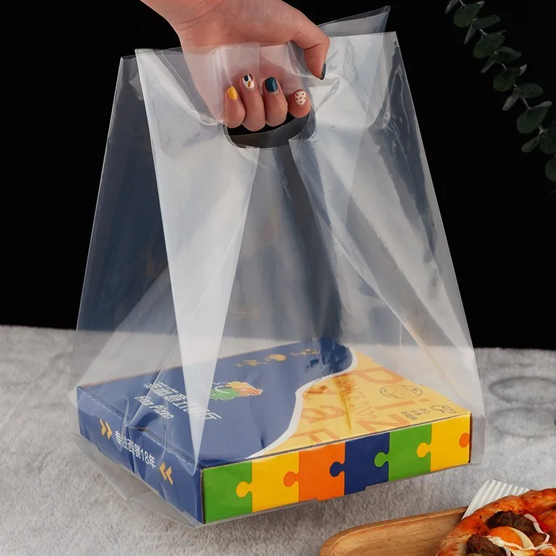 Flat bottom clear plastic shopping bags food delivery restaurant carry transparent pizza cake carry takeout bag with your LOGO