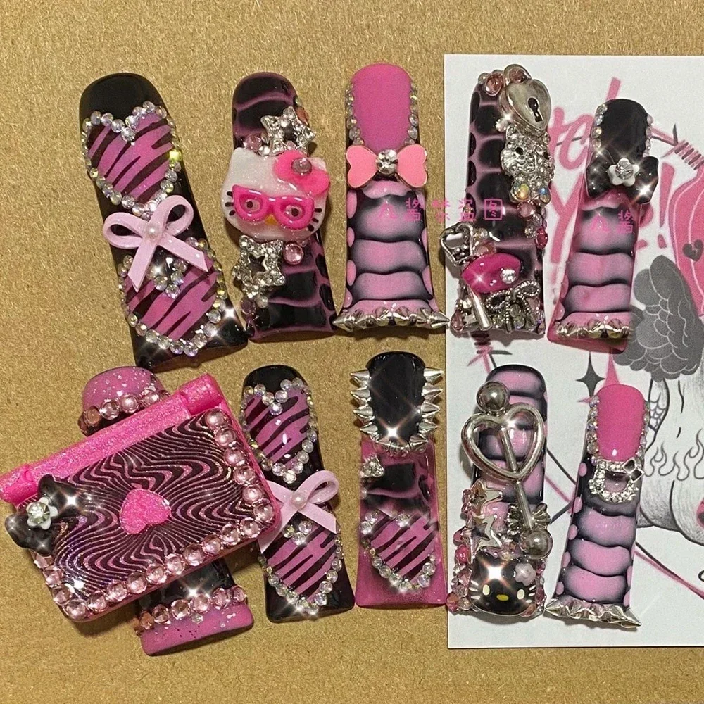 2025 New Product Ideas Y2K Spice Girl Long Duck Feet Punk Pink Metal Luxury Handmade Press on Nails for Woman Party Gift