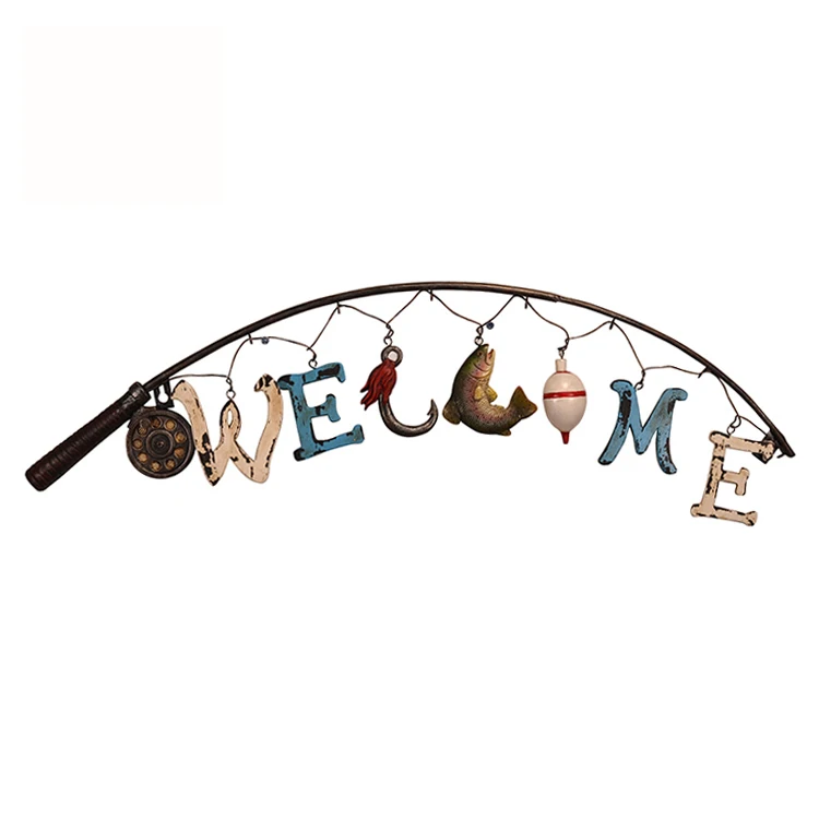 Welcome Card For Iron Fishing Rod Metal Home Decoration 3D Welcome Card Sign For Front Door