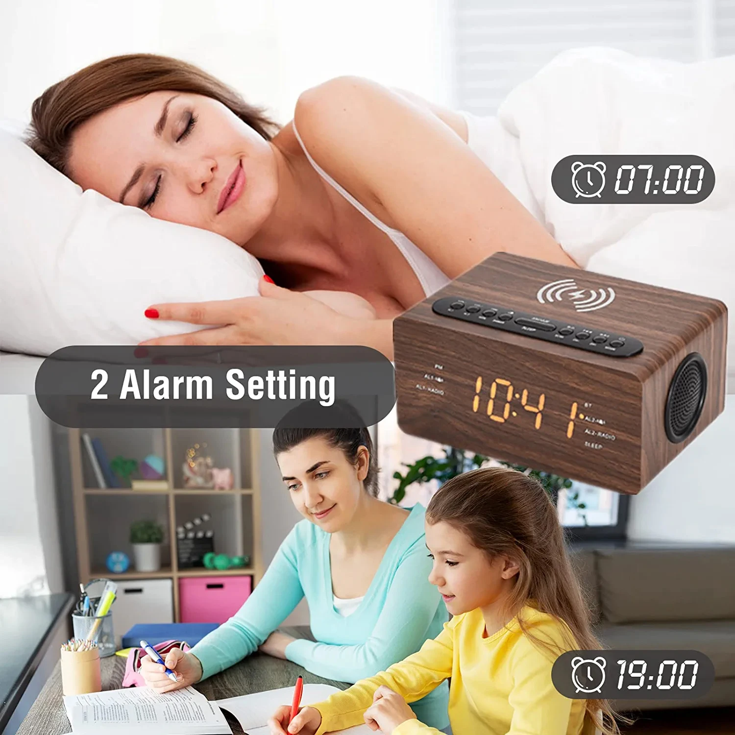 Manufacturers wholesale  LED display  wood grain Fast Wireless alarm clock Sleep Timer Digital USB port FM radio