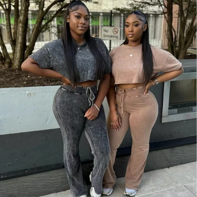 OJW6285C 2024 autumn women vintage Loose casual short-sleeved sweatshirt + drawstring wide-leg pants two-piece set