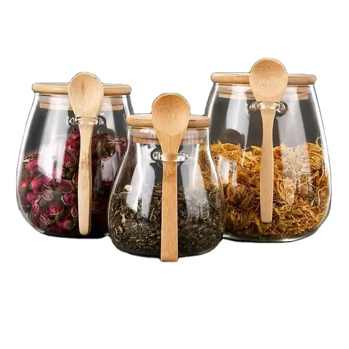 Hot Sale Wholesale Kitchen Glass Jar Glass Spice Jar Bamboo Wooden Lid Food Storage Container With Spoon
