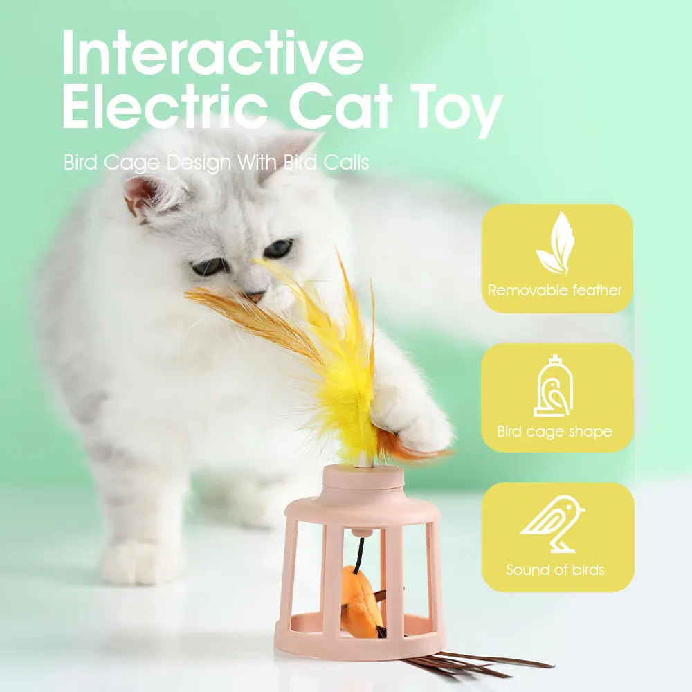 New Bird Cage Design Interactive Removable Feather Pet Toy Electric Sound Cat Toy With Bird Calls
