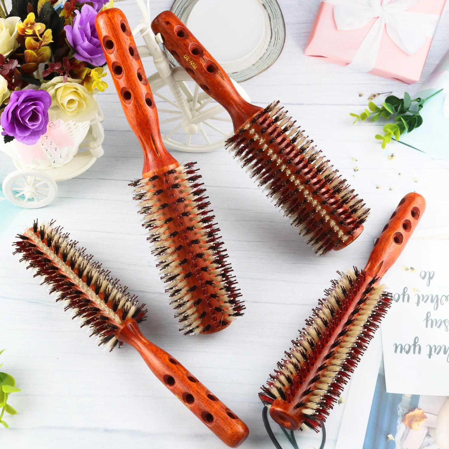 Round Hair Brush with Boar Bristles Anti-Static for Hair Drying Styling Curly Barber Heat resistant Round Brush for Blowdrying