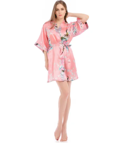 Wholesale ladies peacock short cardigan silk satin robes for luxury women home wear