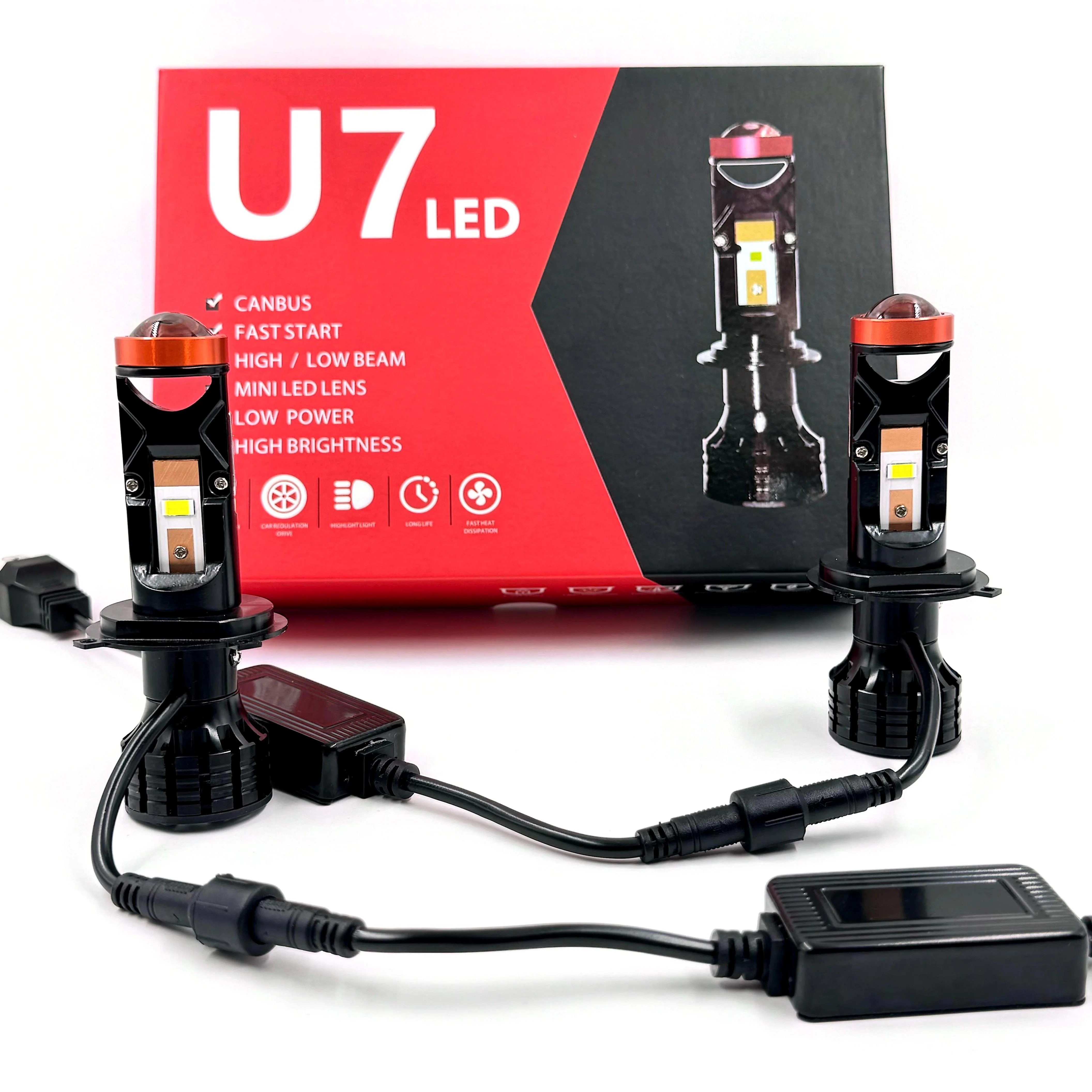 U7 High brightness LED Headlights bulb With MINI LED  Lens Projector 150W 24000LM H4  H7 with Canbus High low beam