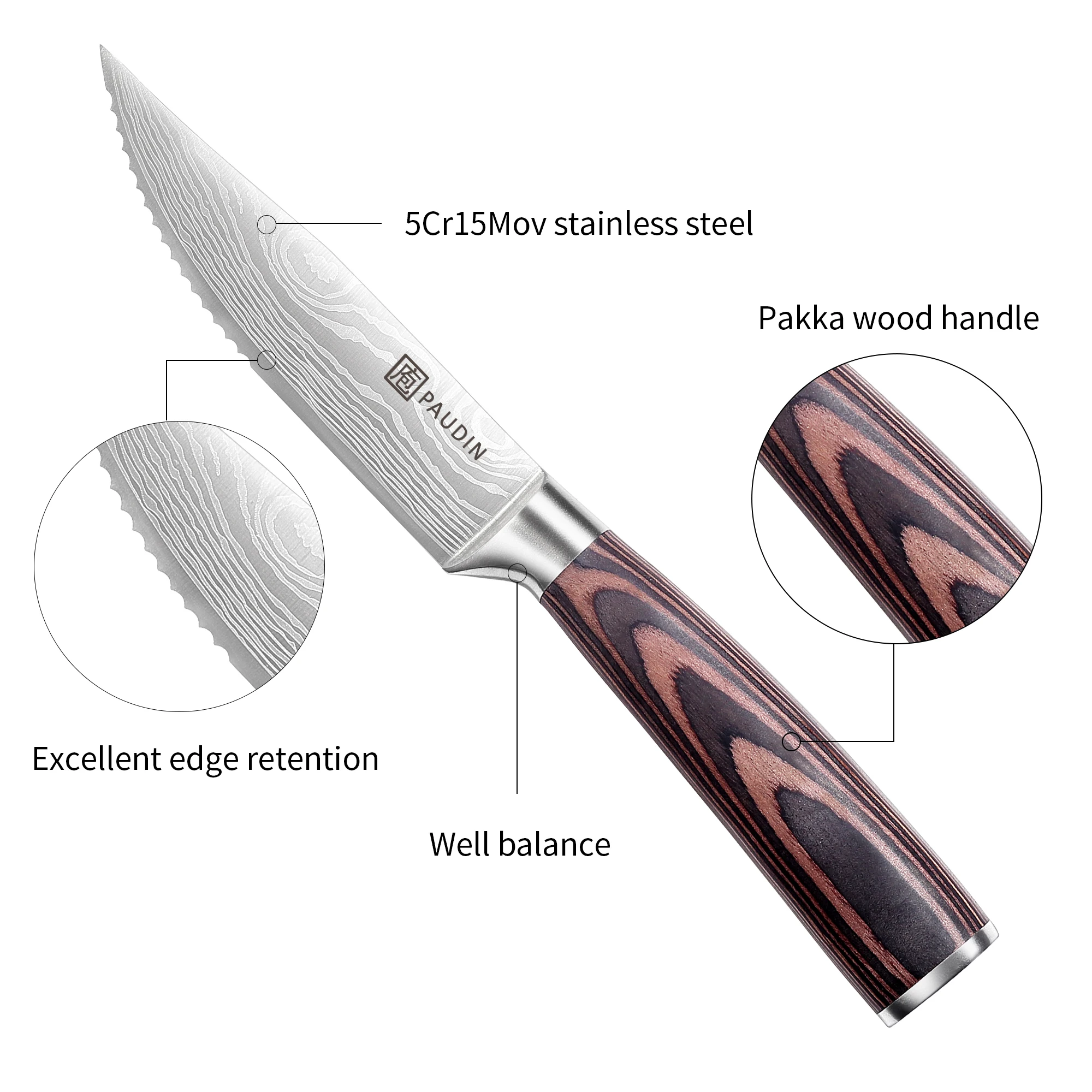 5.25 Inch Steak Knife Set Of 4 Ultra Sharp Serrated Stainless Steel Blade With Pakkawood  Handle Chef kitchen Knife Set