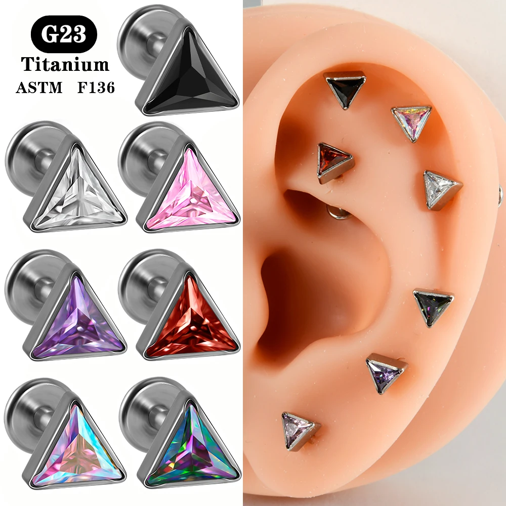 ASTM F136 Titanium Thick Triangle CZ Labret Ear Lobe Helix Tragus Cartilage Studs Lip Piercing Jewelry 1.2x8mm