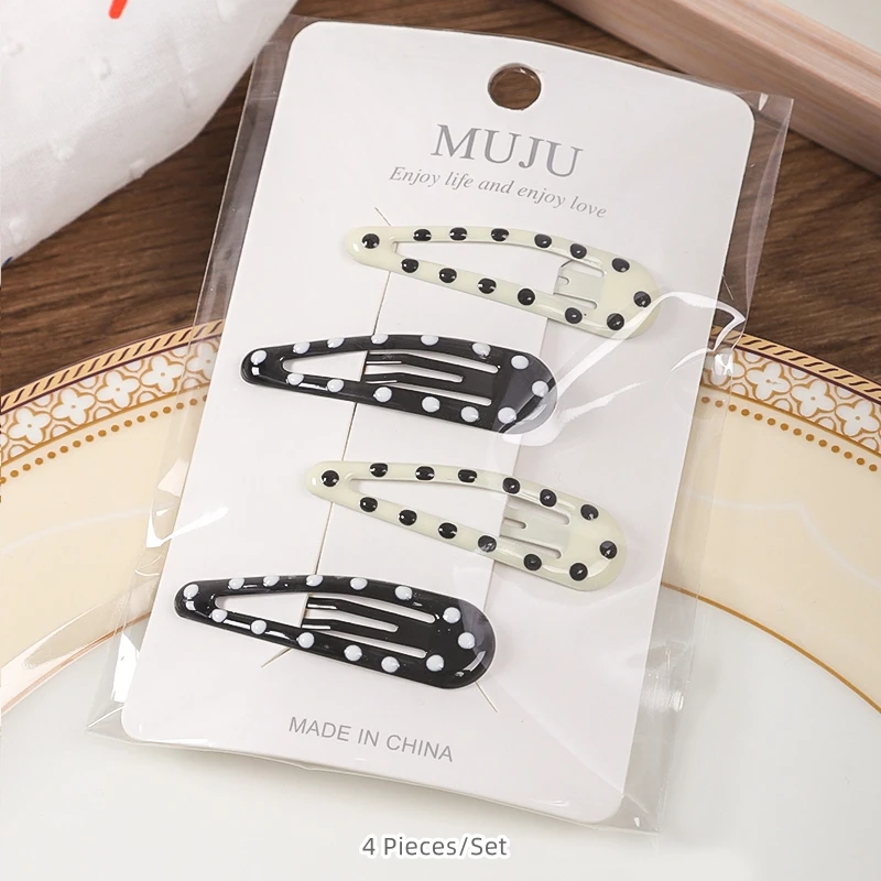 4Piece of Black and White Dots Hairpin Extra Value 4 Card Mounted BB Clip Premium Drip Hair Clip Side Fringe Clip