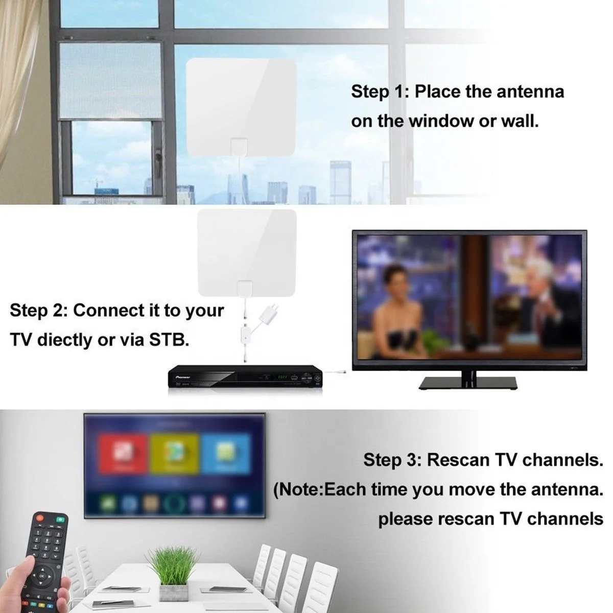 HDTV Indoor TV Antenna ; High Power Amplifier to Boost Signal + 16.5 ft Coax Cable; Supports All HD Digital TV formats