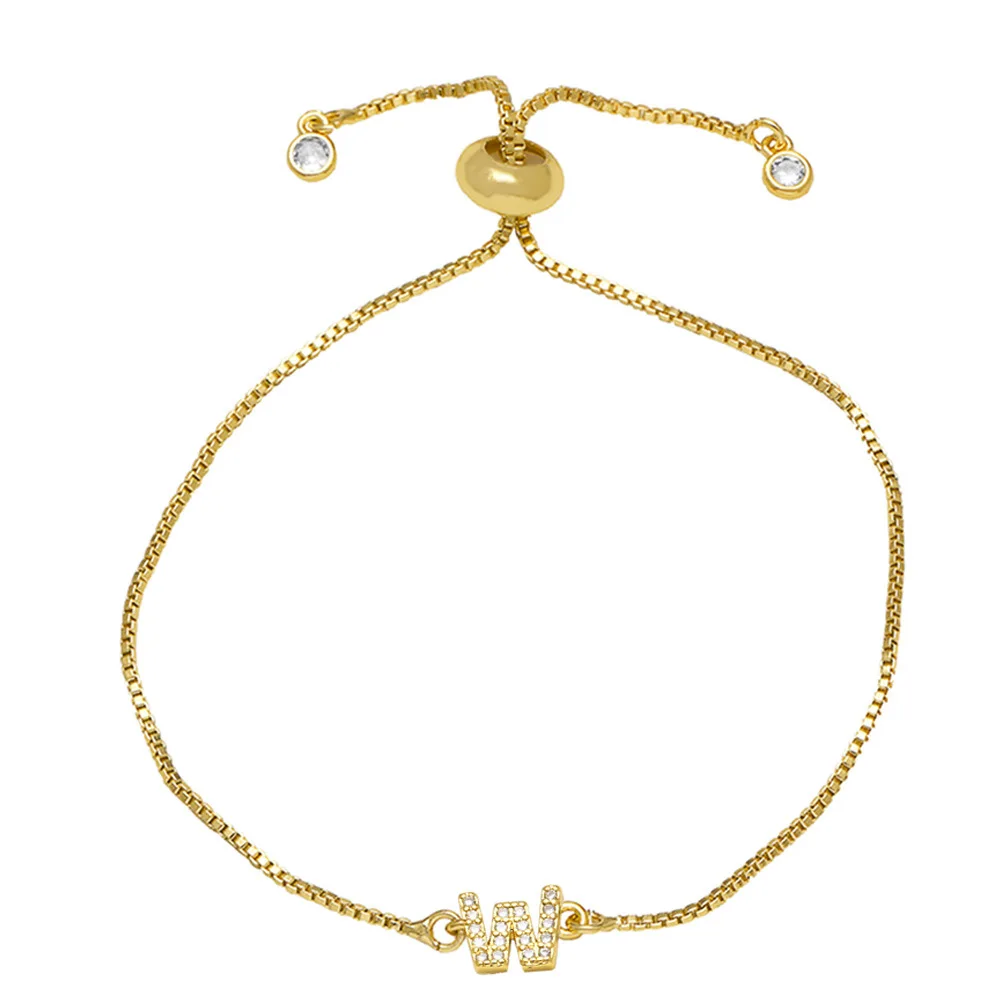 Fashion Adjustable Gold Plated Zircon 26 Letter Bracelets Copper Jewelry Box Chain Alphabet Charm Bracelet