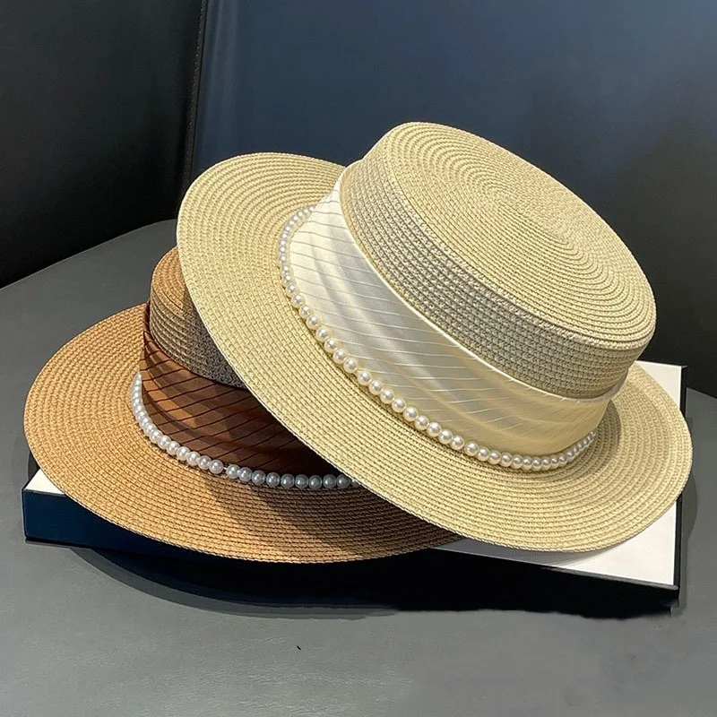 Women Straw Boater Hat with Shiny Pearl Decoration Ribbon Hatband French Elegance Beach Travel Wide Brim Hat square Bolero Cap