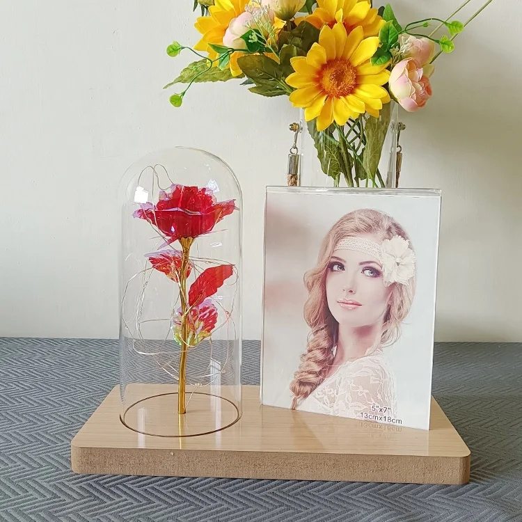 New Modern Luxury Bedroom Wooden Photo Frame Shelf Rose Flower LED Light Glass Tabletop Lamp Home Decor