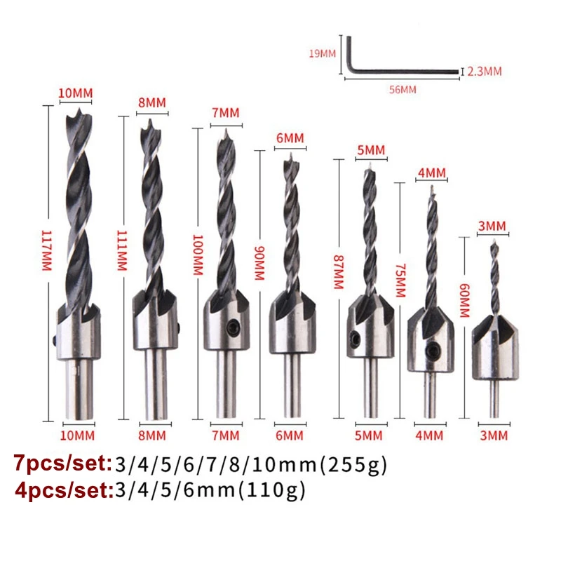 7pcs Woodworking Drill Bits Set 3mm-10mm High Speed Steel Wood Drilling Countersink drills