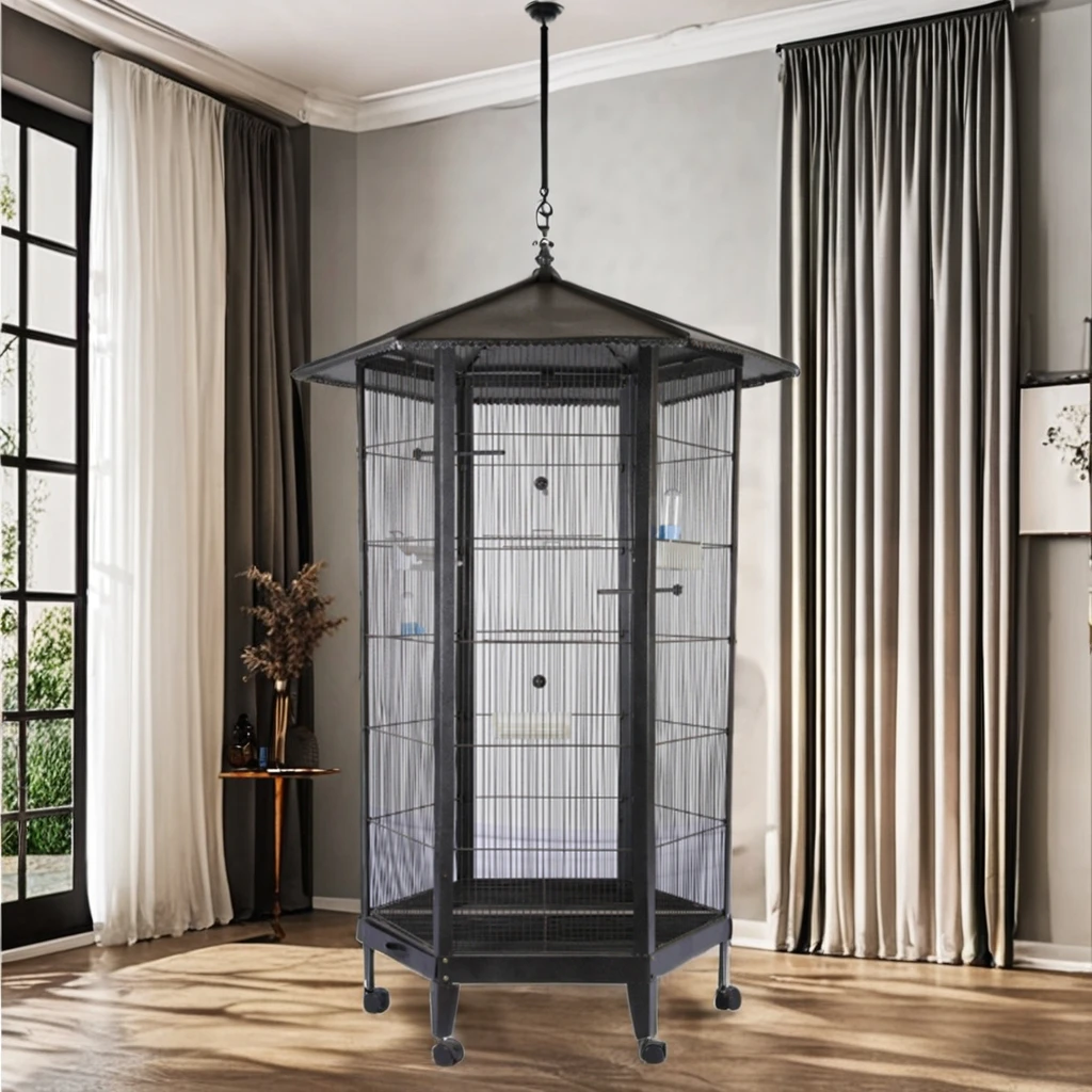Customized Large Outdoor Wrought Iron Hexagon Bird Cage Pet House Parrot Canary Birds Aviary Outdoor For Flying Animals