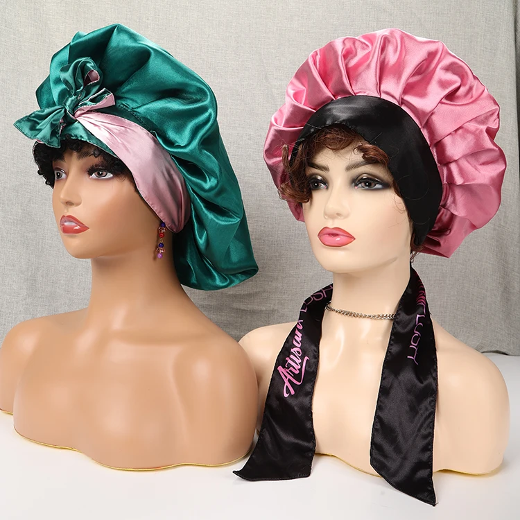 Custom bonnets and silk wraps satin bonnet wrap sleep caps round bonnet with edge scarf