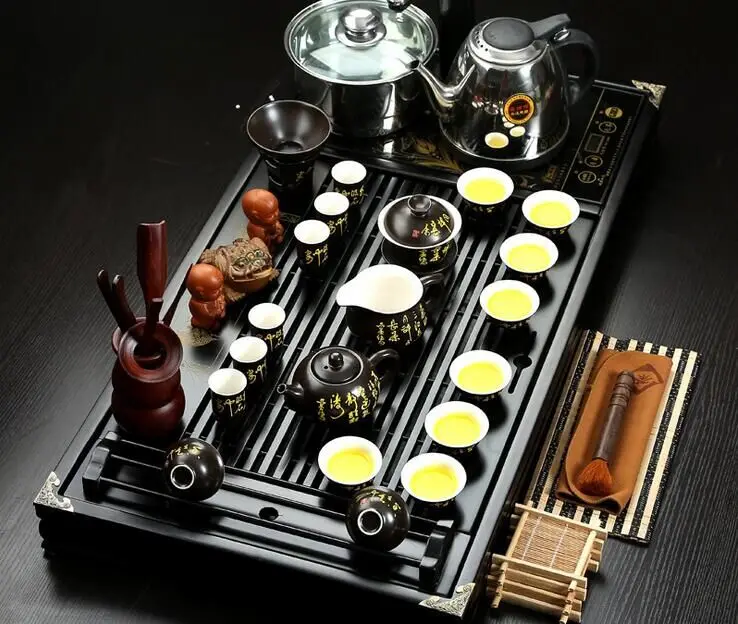 100% деревянный чайный поднос с индукционной плитой, китайский классический чайный столик gongfu