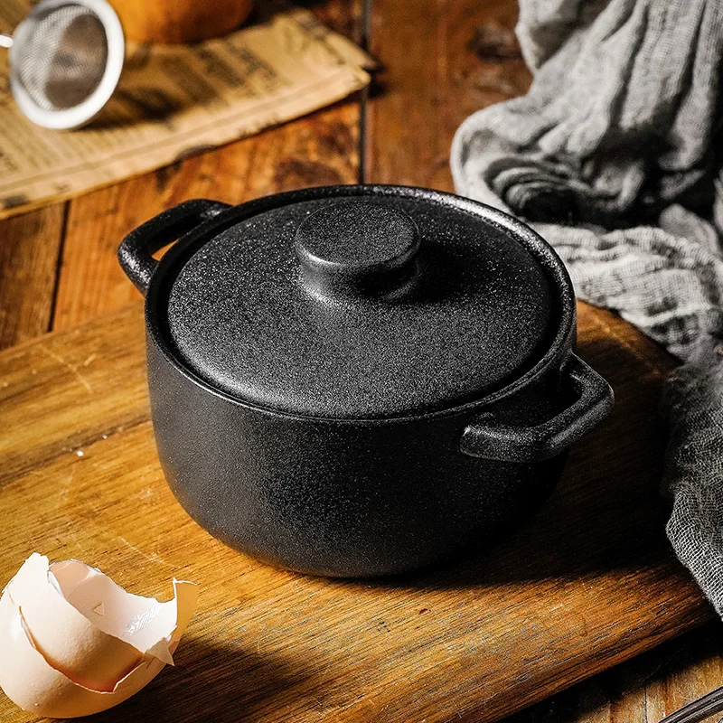 Cast Iron Black Mini Stoneware Pots Kitchenware Ceramic Round Casserole Soup Bowl With Lid