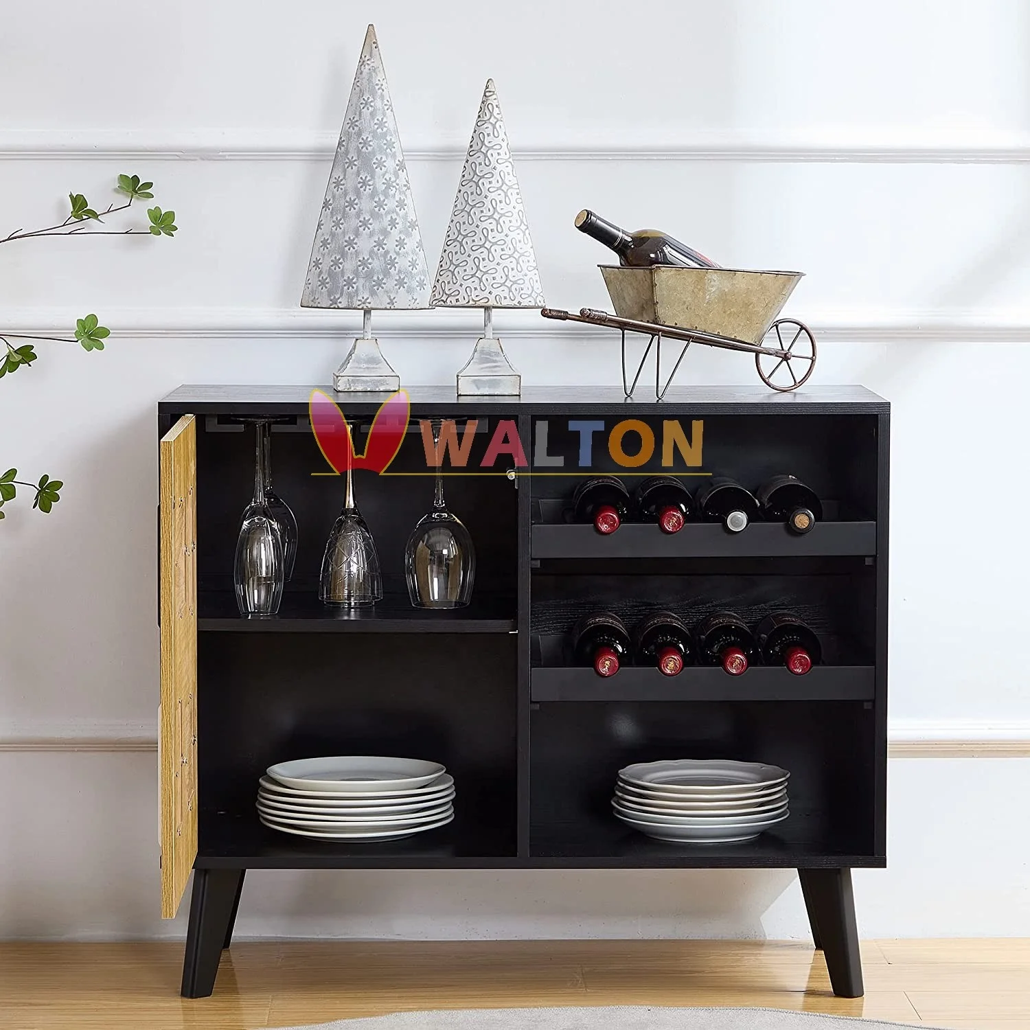 Buffet Cabinet Floor Standing Bar Cabinet Oak Lines Finish Sideboard Kitchen Cabinet Organizer Wine Rack