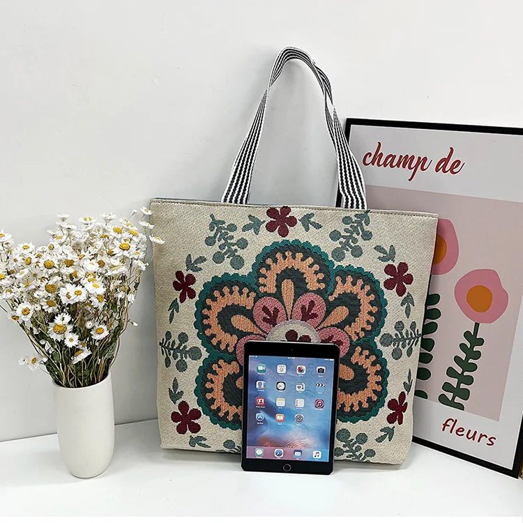 Embroidery retro large capacity large flower pattern canvas shopping tote bags manufacturer