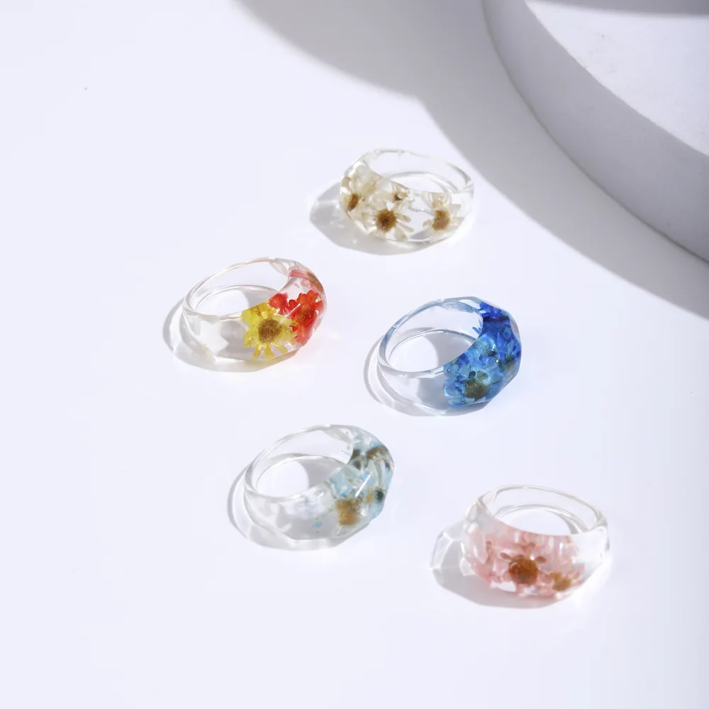 New style popular transparent multicolored dried flower shell specimen resin acrylic band ring cute girl womanpressed flower diy