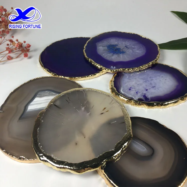 Brazilian Blue agate slices coaster natural with gold trim