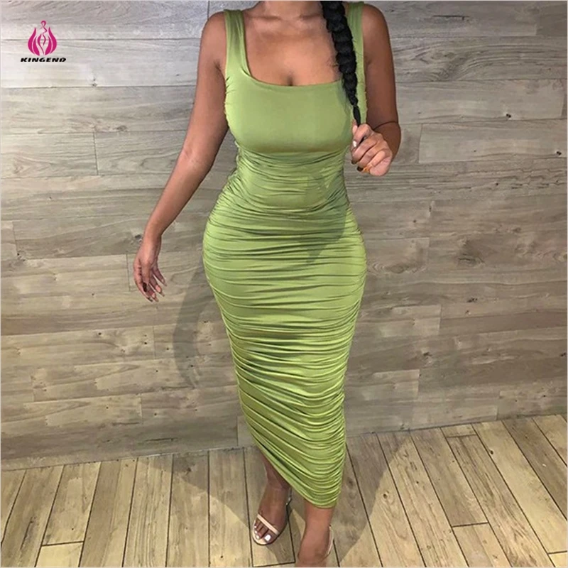 KG10860 Hot Style Summer 2022 New Casual Sleeveless Bodycon Long Slim Pleated Dress Women Skirt