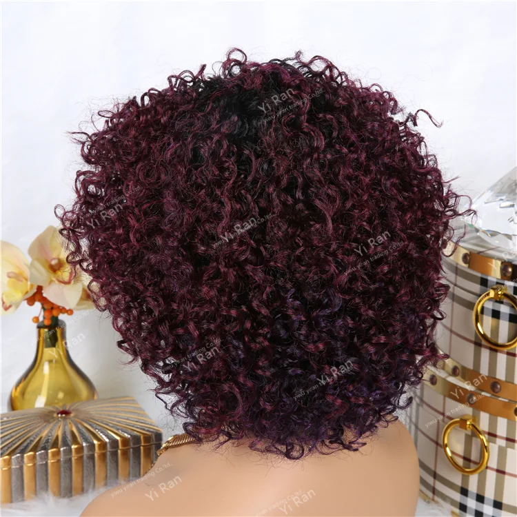 Popular protein fiber kinky curly wig synthetic kinky curly heat resistant wig 14inch colorful black ombre bondle synthetic hair