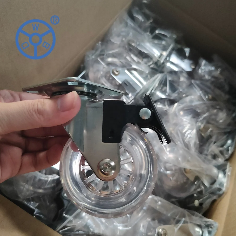 35/50/75mm Gel Clear Soft PU caster brake threaded Transparent Castor ruedas en pu swivel caster polyurethane wheel