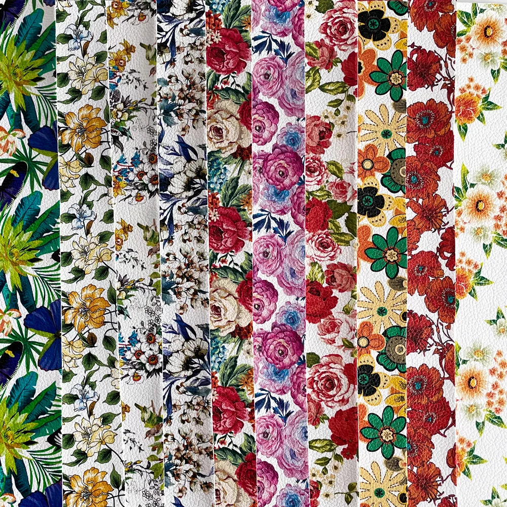 Customizable Leatherette Fabric Flowers Prints Grain PU Artificial Faux Leather Textured Polyester Fabric For Bows/DIY Crafts