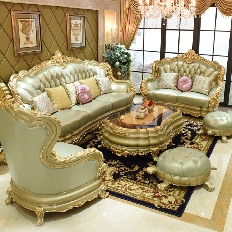 European solid wood leather sofa American double-sided carving luxury villa living room sofa combination 123 high-grade French
