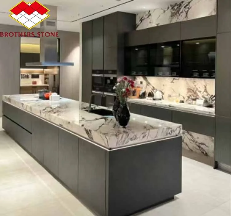 Modern Calacatta Viola White Marble with Purple Vein Slabs for Dining Room Table Set Kitchen Countertop Bathroom Staircases
