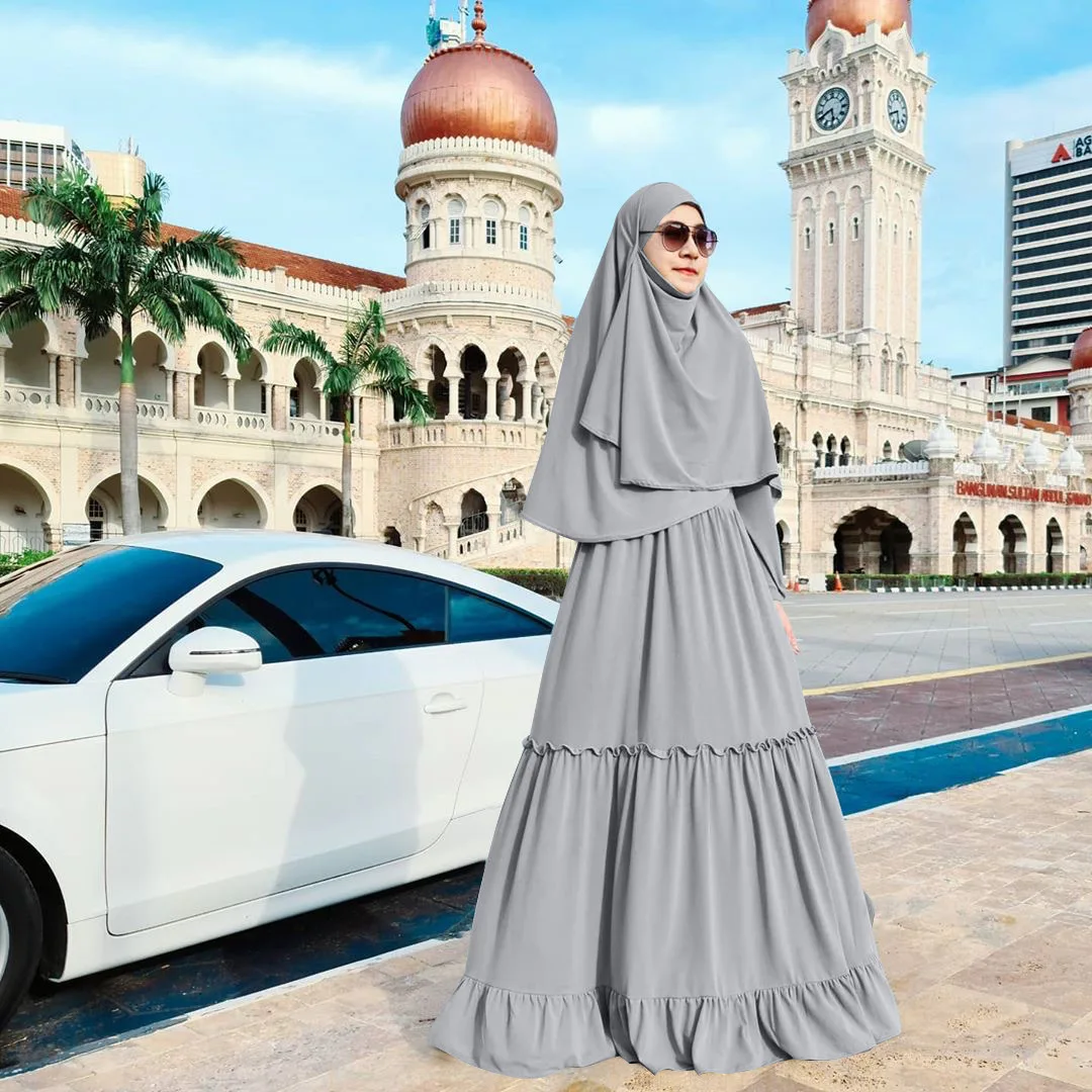 Arab Women Dubai Kaftan Turkish Long crew neck Dress Hijab Islamic Abaya  Clothing Muslim Maxi Prayer Dresses For Young Girl
