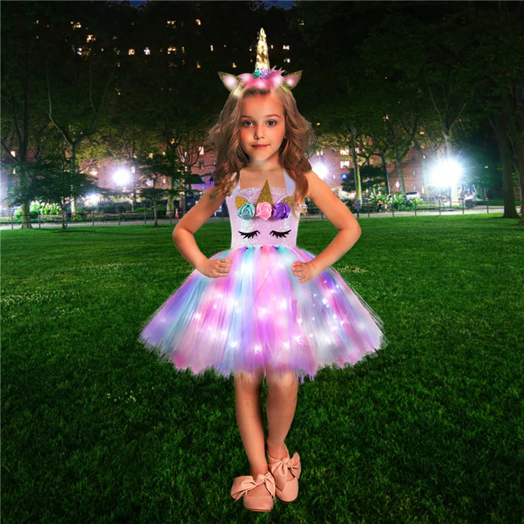 Vibrant Unicorns Dress Up Outfit Multi Colored LED Lights Rainbow Sequin Tulle Girls Tutu Dresses with Colorful Hair Hoop Wings