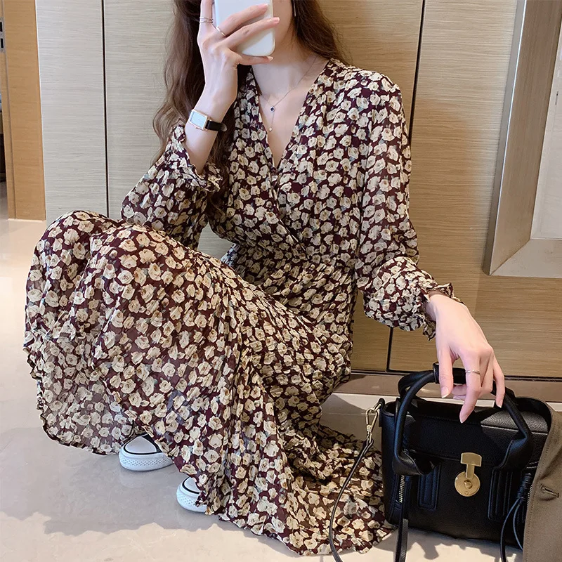 Small Female Autumn Collect Waist Show Thin Floral Chiffon Dress French Bottom Floral Dress