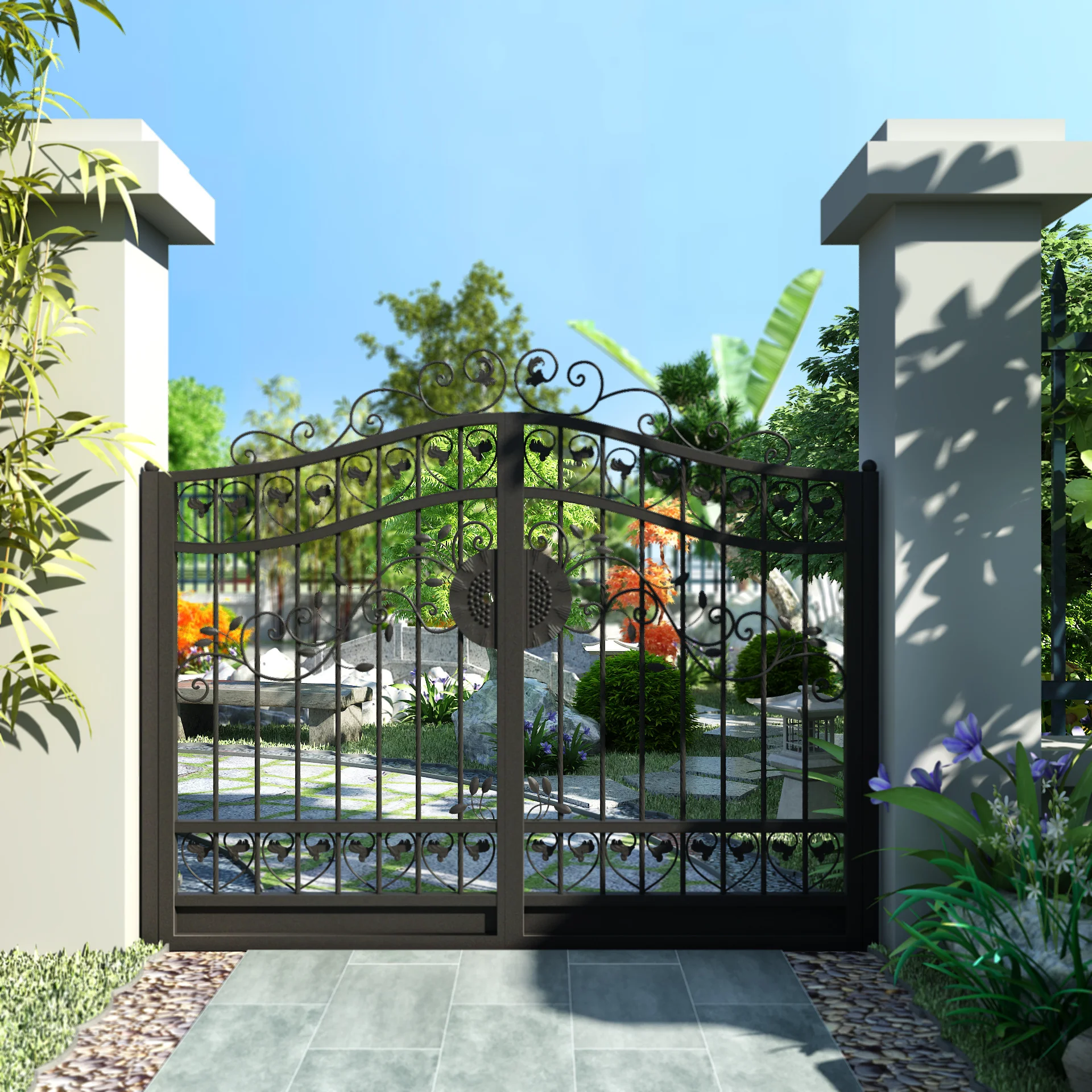 Competitive Price Swing Front Garden Gates Hurricane Proof Grill Design Swing Folding Gate Iron Garden Gate