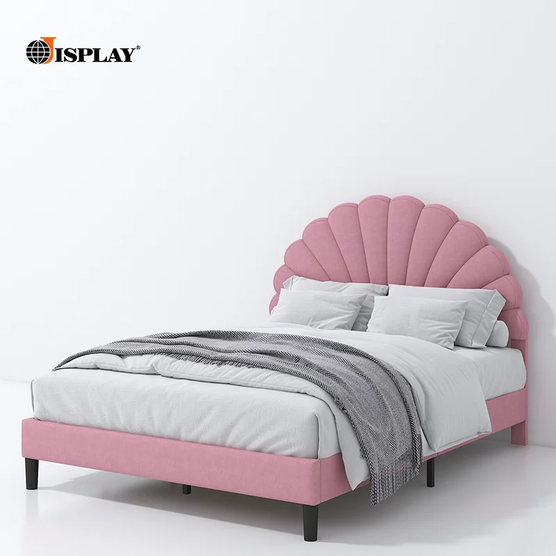 Customized high quality king double size upholstered bed double bed frame with pink Headboard