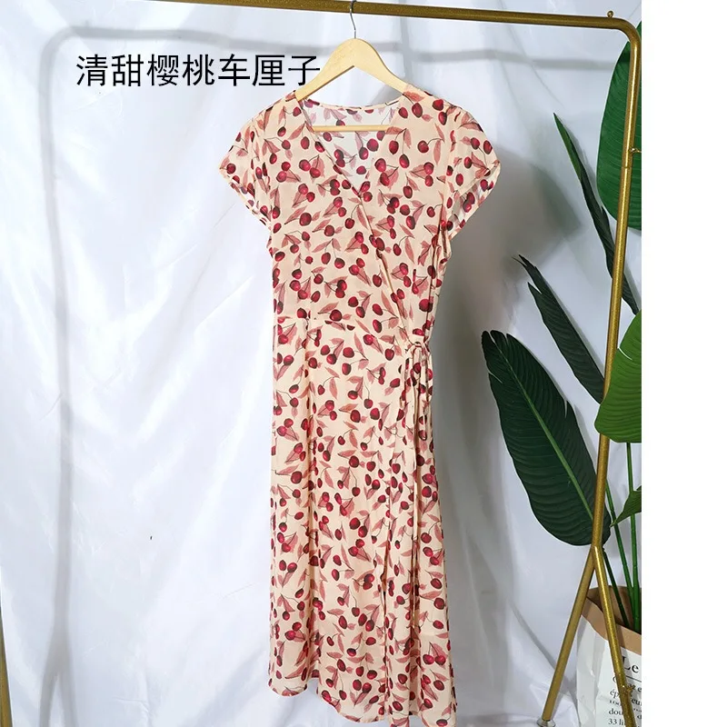 Mulberry silk dress Summer French elegant printed wrap tea dress