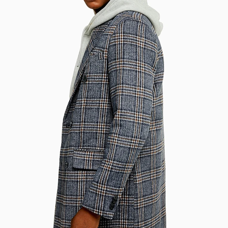 2020 Winter new lapels double-row buttons switch to flip pocket long checkered coat men.